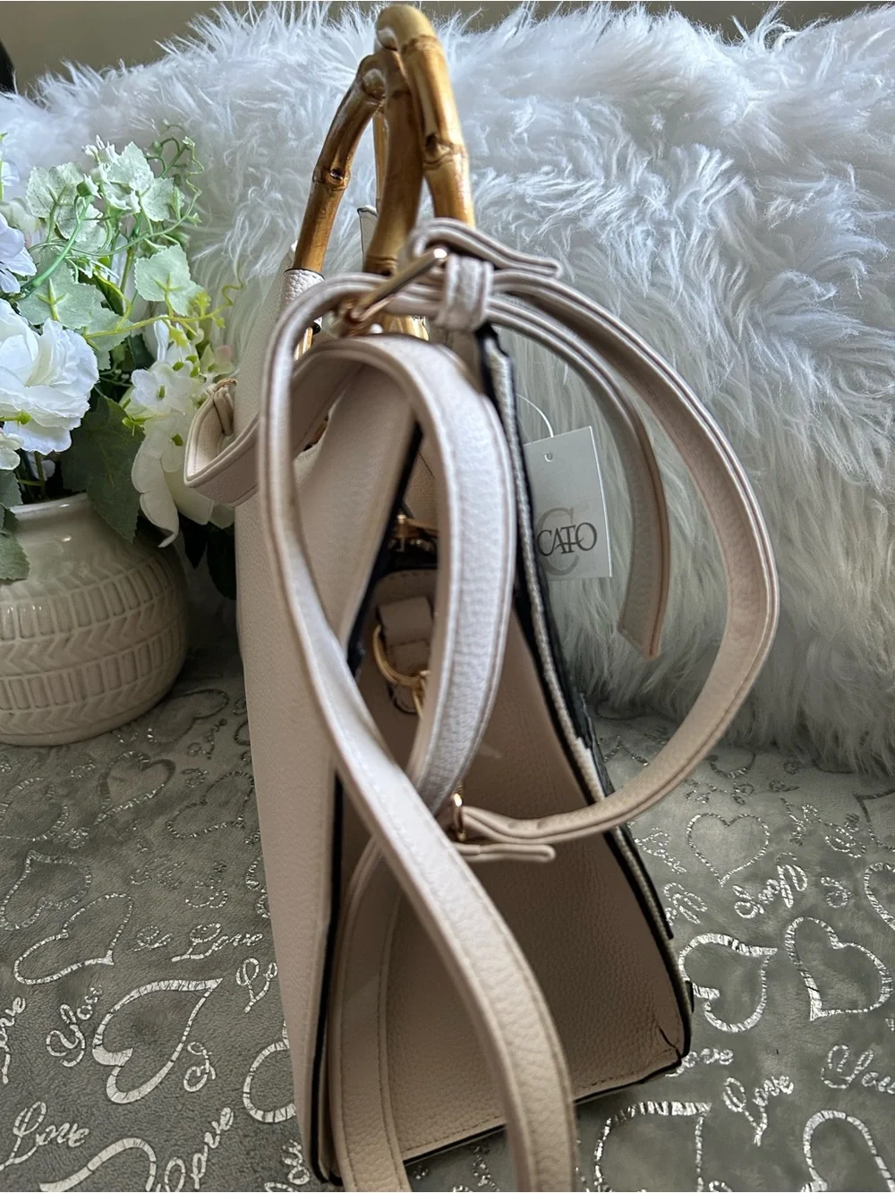 NWT Cato, Large, Beige & Olive Green Textured Leaves Bamboo-Handle Tote Bag